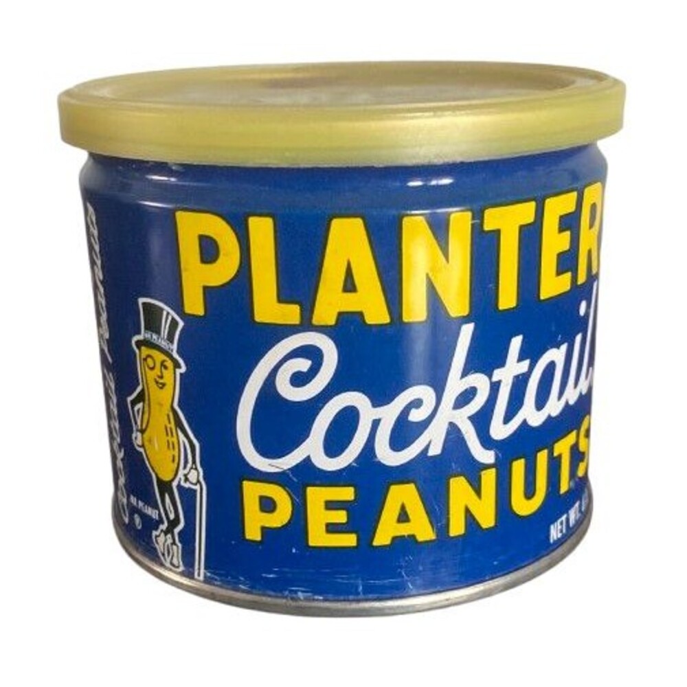 PLANTERS Cocktail Peanuts Tin Can with Lid Mr Peanut  6 & 1/2 oz can VINTAGE